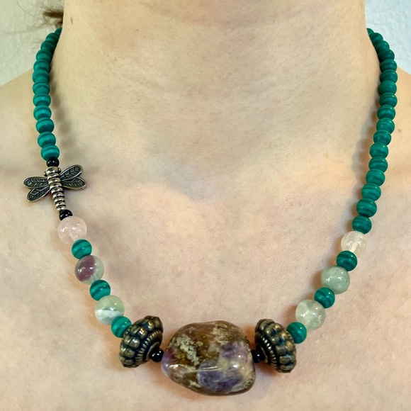 Dragonfly, Stone, and Faux Malachite Necklace, Bracelet, Clip-on Earring Set - Picture 8 of 11